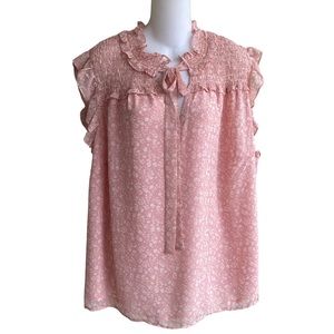 NWT Pleione Woman 1X Top Blouse Blush Cream Floral Necktie Sleeveless High Neck